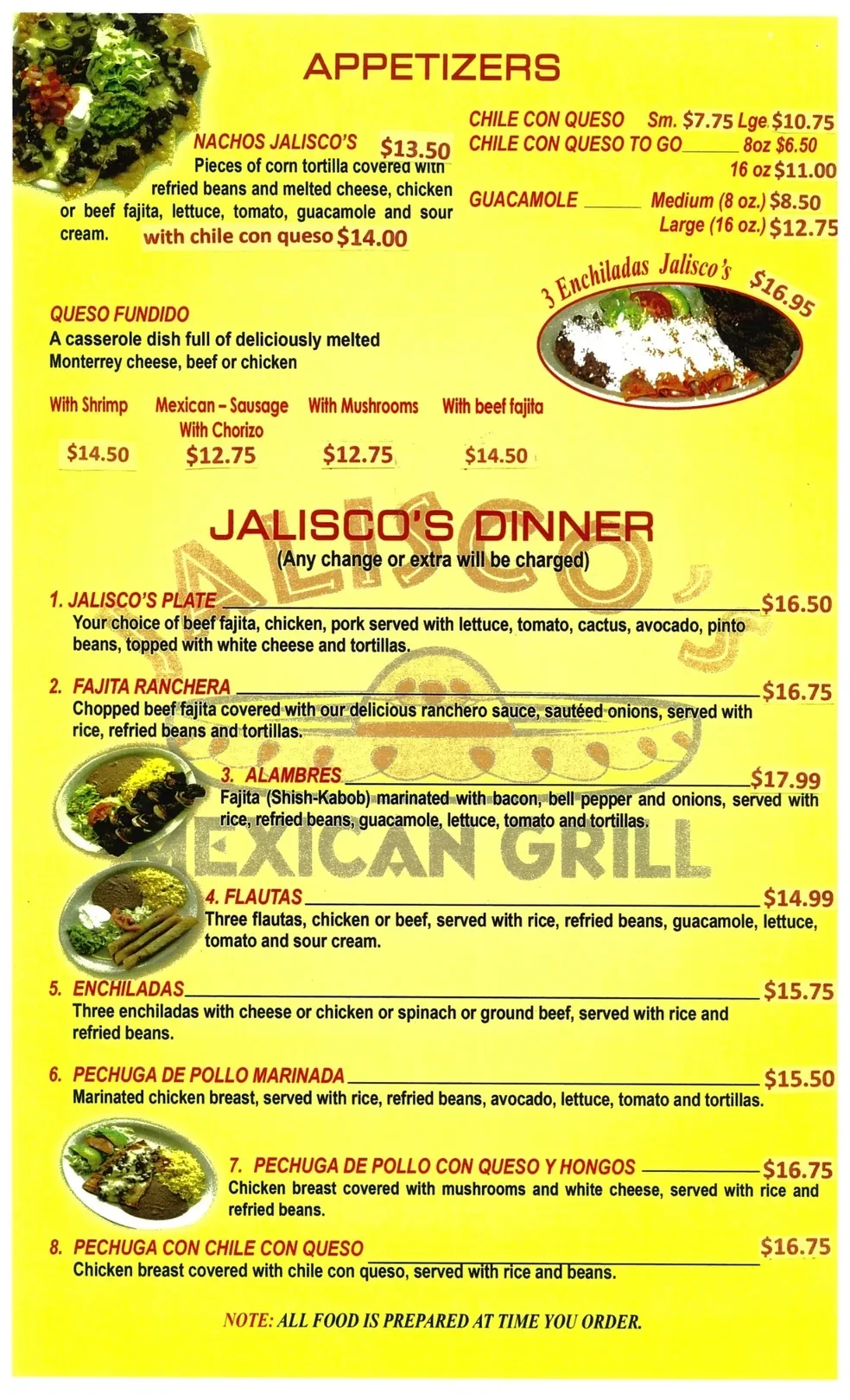 Jalisco's Mexican Grill appetizers and dinner menu