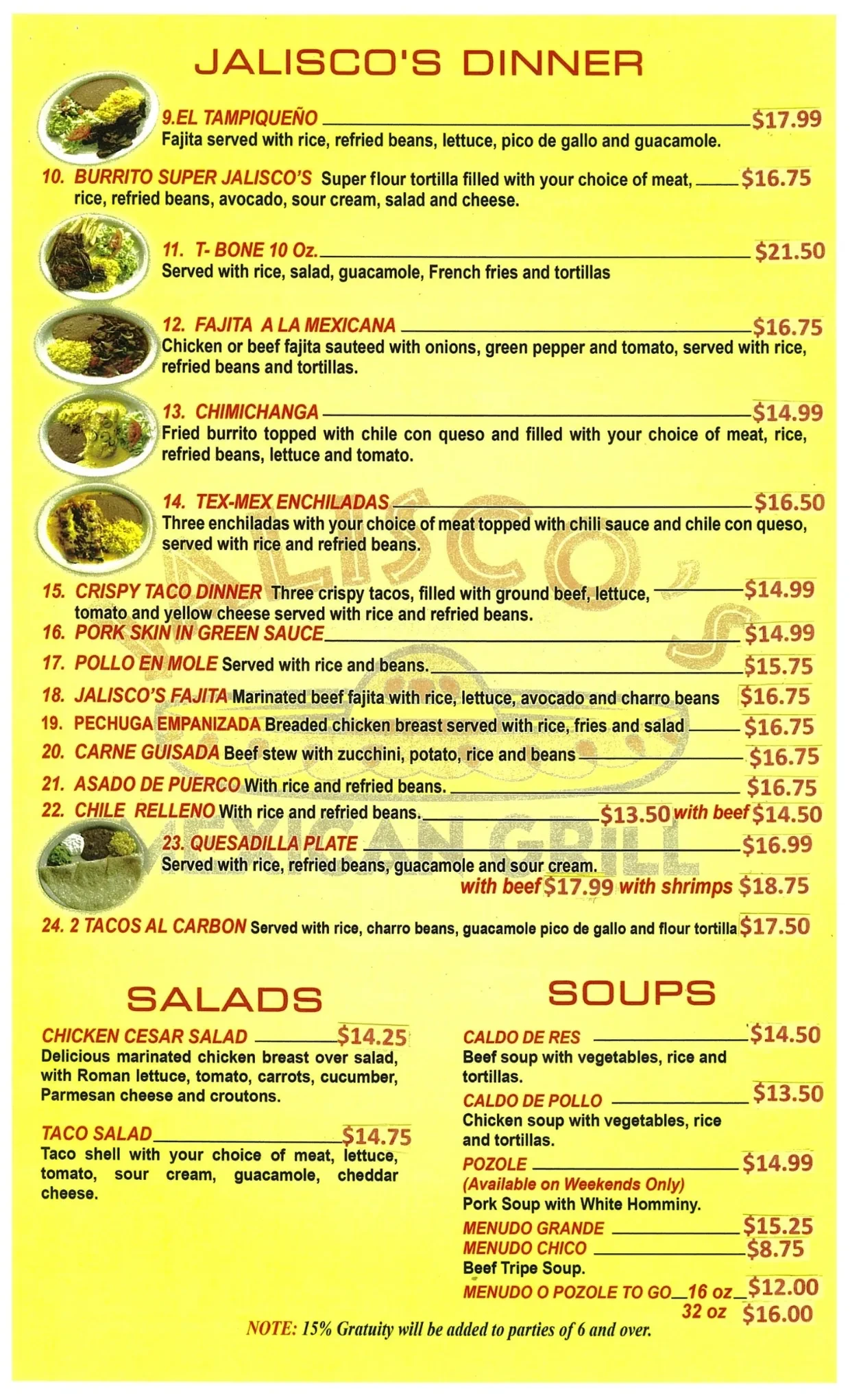 Jalisco's Dinner menu — entrees, salads and soups