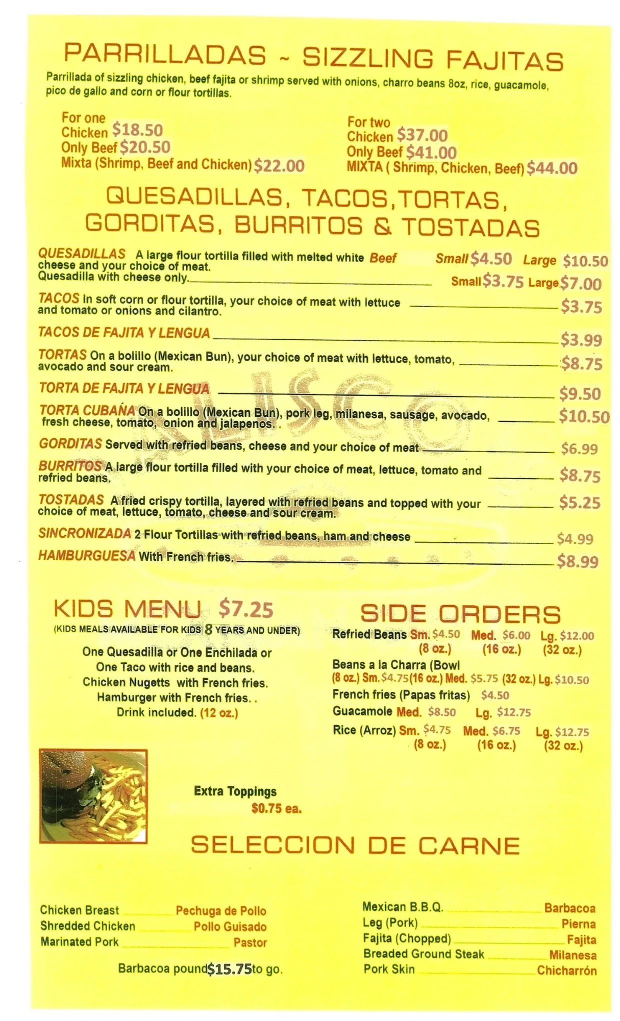 Parrilladas menu — sizzling fajitas, quesadillas, tacos, tortas, kids menu, side orders and meat selection