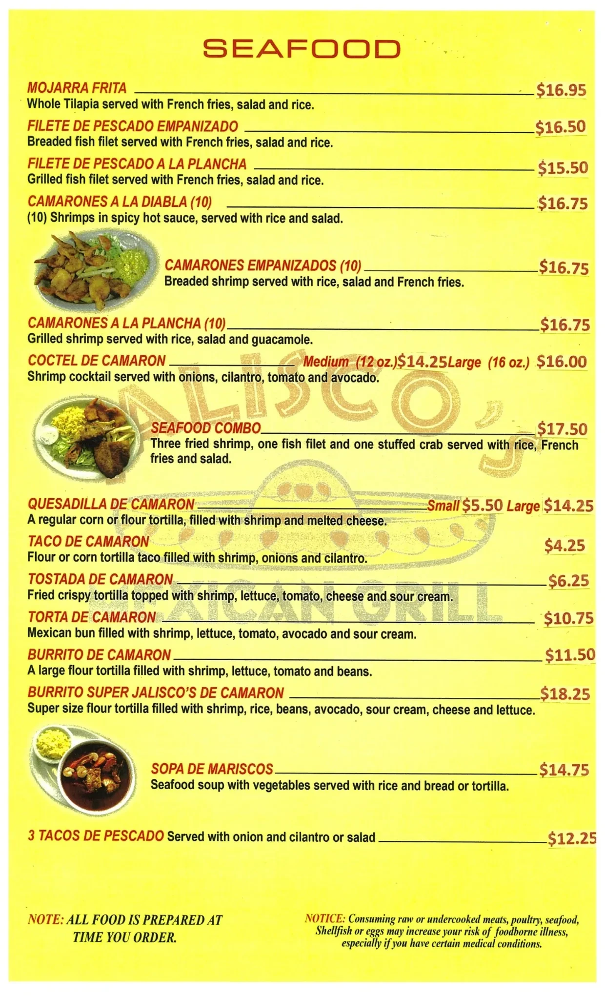 Jalisco's Mexican Grill seafood menu